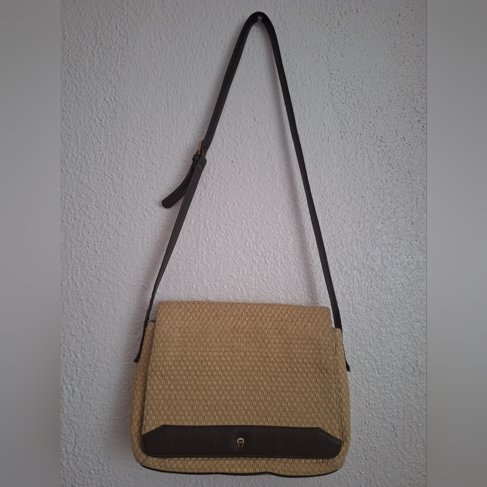 ETIENNE  AIGNER Tan and Brown Textured Shoulder Bag with Leather Strap